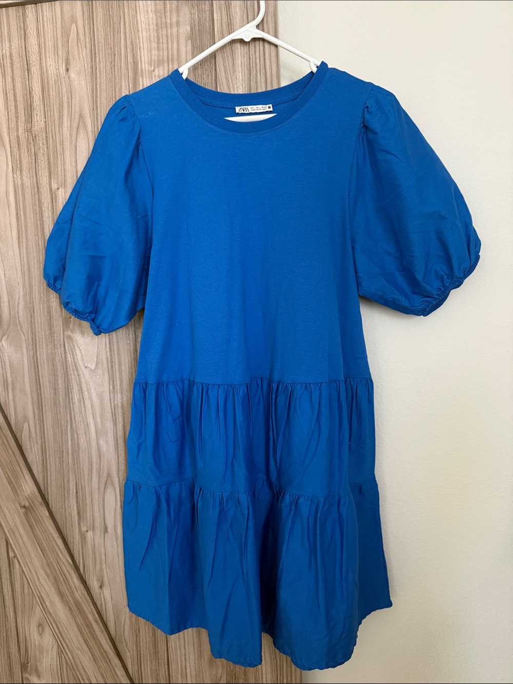 Zara Bright Blue Puff-Sleeve Tiered Dress